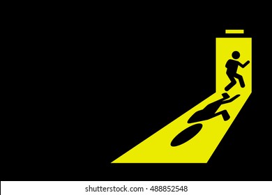 Person Leaving Dark Room To Go Outside Through Exit Door With Bright Yellow Light Casting Strong Shadow On The Floor. Vector Artwork Depict Concept Of Escape, Getaway, Runaway, Getting Out, And Quit.