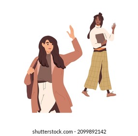 Person leaving and gesturing bye, waving with hand to colleague. Woman employee saying goodbye at end of work day and going away. Flat vector illustration isolated on white background