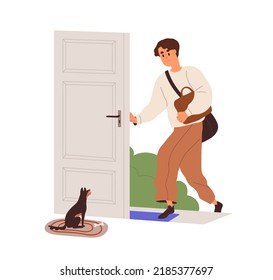 Person leaving home, going out. Dog seeing off man, waiting return at doorway. Pet owner and cute doggy at house door. Devoted canine animal. Flat vector illustration isolated on white background