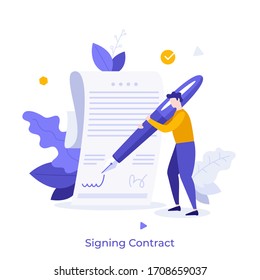 Person leaving signature on legal document with pen. Concept of signing bilateral contract, making business deal, concluding agreement or treaty, signatory. Modern flat colorful vector illustration.