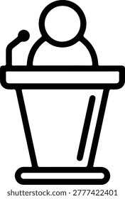 Person at lectern with microphone illustration representing public speaking lecture keynote address or conference.