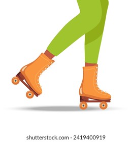 Person legs with rollers. Body part legs in roller skate trick. Sport, recreation, relax, hobby theme. Casual comfortable shoes, clothing Flat Vector isolated on white background, Old fashion skaters.