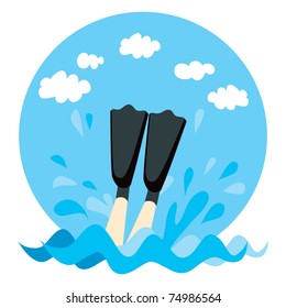 Person legs splashing on water with diving flippers
