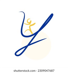 A person and a letter. A small person runs along the letter. Series of letters A-Z. Minimalism. Beautiful letters. Line drawing. logo design initial Y combine with small person.