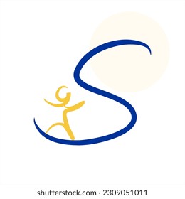 A person and a letter. A small person runs along the letter. Series of letters A-Z. Minimalism. Beautiful letters. Line drawing. logo design initial S combine with small person.