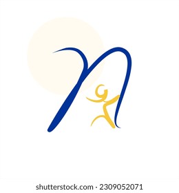 A person and a letter. A small person runs along the letter. Series of letters A-Z. Minimalism. Beautiful letters. Line drawing. logo design initial N combine with small person.