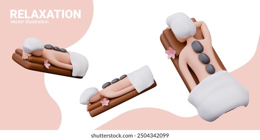 Person lies face down with hot stones on his back. Set of 3D templates