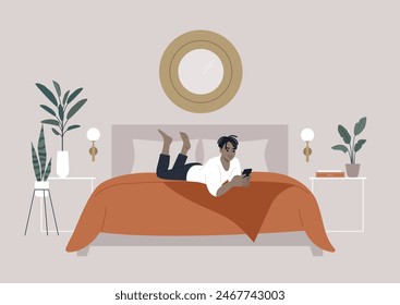 A person lies on their stomach on an orange-brown bedspread, comfortably texting on their smartphone in a chic, minimalist bedroom adorned with plants and modern decor