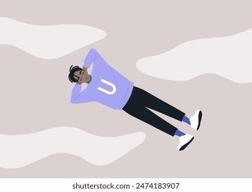 A person lies peacefully on their back, surrounded by dreamy, white clouds, seemingly floating in the air