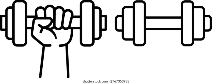 Person lifting a barbell with hand weights displayed next to it