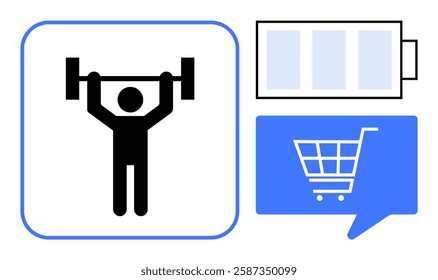 Person lifting dumbbells. Battery symbol indicating levels and shopping cart in chat bubble. Ideal for fitness, energy, e-commerce, communication, motivation, health, and technology. Line metaphor