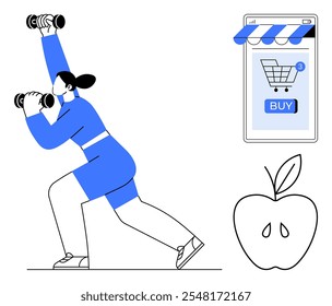 Una persona levantando pesas en una posición de estocada, un Carrito de compras en línea en un teléfono inteligente y una manzana. Ideal para hacer compras en línea de fitness, bienestar de vida saludable y comercio electrónico. Vector minimalista