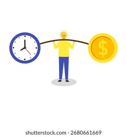 Persona con un cabezal de bombilla equilibrando un reloj y una moneda.