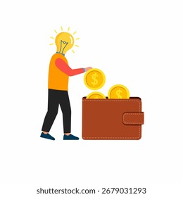 Una persona con un cabezal de bombilla colocando monedas en una billetera, simbolizando ideas inteligentes, crecimiento financiero, ahorro, inversión e innovación en la gestión del dinero.