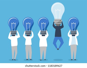 Person with a light bulb head standing out illustration