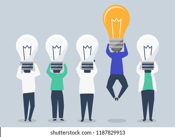 Person with a light bulb head standing out illustration