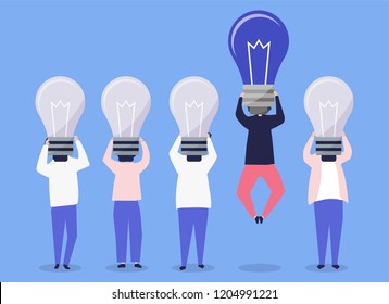 Person with a light bulb head standing out illustration