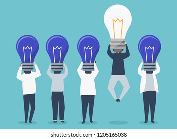 Person with a light bulb head standing out illustration