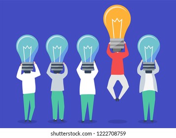Person with a light bulb head standing out illustration