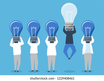 Persona con cabeza de bombilla de luz destacando la ilustración