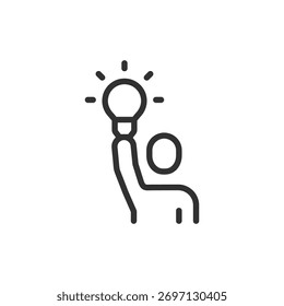 Person with light bulb, linear icon. Creative idea or inspiration. Line with editable stroke.