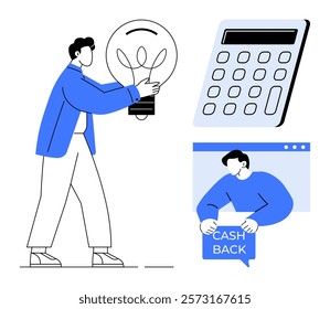 Person with light bulb representing ideas next to calculator and person with cash back offer. Ideal for finance, investment, savings, business startups, and innovation. Minimalist, modern, clean