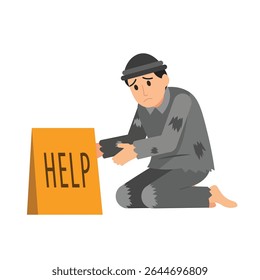 a person, likely experiencing poverty or homelessness, kneeling next to a sign that says "HELP," indicating a plea for assistance. symbolize issues like poverty, unemployment, and the need for charity