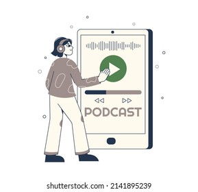 Person listening audio podcast or interview talk show. Cartoon live broadcast, radio podcast record flat vector symbols illustration. Social media podcast