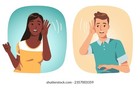 Person listening holding hand near ear set. Focused man and woman showing listening sound communication gesture. Hearing sense, deaf, attention, news, secret, gossip concept flat vector illustration