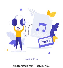 Person listening to melody with headphones, note on paper sheet and cassette tape. Concept of audio file format, music track, sound recording. Modern flat vector illustration for banner, poster.