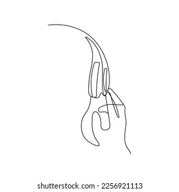 Person listening to music with headphones. One line drawing. Hand drawn vector illustration.