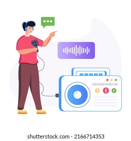 Person listening radio broadcast, flat illustration

