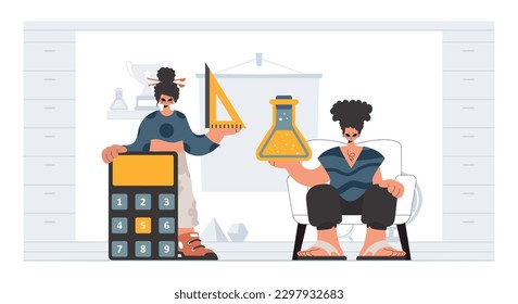 Person and lively lady school understudies, analyzing to start with school subjects. Trendy style, Vector Illustration