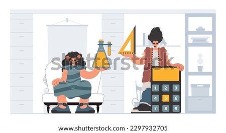 Person and lively lady school understudies, analyzing to start with school subjects. Trendy style, Vector Illustration