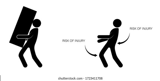 person, a loader incorrectly carries a heavy load, increasing the risk of injury. Isolated vector on white background
