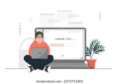 Person loading files at the laptop, working with notepad, adding media content, loading file process, flat vector illustration