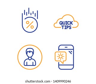 Person, Loan percent and Quick tips icons simple set. Weather phone sign. Edit profile, Discount, Helpful tricks. Travel device. Linear person icon. Colorful design set. Vector