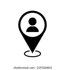 person location map pointer, avatar icon with location pin, black symbol isolated on white background, vector marker, address sign