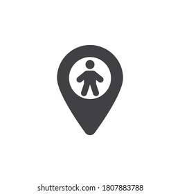 Person location pin vector icon. filled flat sign for mobile concept and web design. Map pointer with man glyph icon. Symbol, logo illustration. Vector graphics