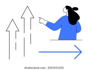 Person with long hair and blue sleeve pointing towards upward and right-pointing arrows. Ideal for growth, progress, direction, leadership, and business. Simple abstract style