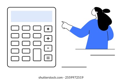 A person with long hair is gesturing towards a large calculator with various buttons. Ideal for accounting, financial planning, mathematics, education, business presentations. Modern minimal style