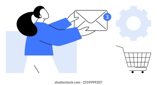 A person with long hair holds a large envelope with a notification bubble. Nearby are a gear and a shopping cart