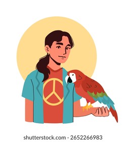 A person with long hair and a peace symbol shirt holding a colorful parrot, flat graphic style, on white background with yellow circle, concept of harmony. Vector illustration