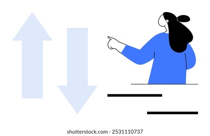 A person with long hair pointing to the right. Behind them are upward and downward arrows. Ideal for business, data management, decision making, direction, and communication themes. Minimalist, flat