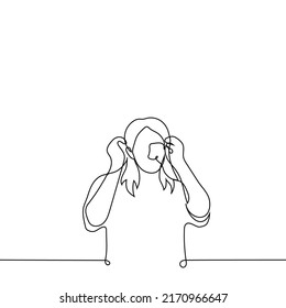 person with long hair removes interfering strands behind ears - one line drawing vector. concept man or woman with flowing hair touches her hair