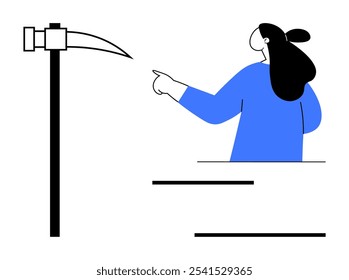 Person with long hair wearing blue, pointing towards a scythe. Ideal for themes of agriculture, tools, farming, minimalism, education. Simplistic vector style with blue and black colours