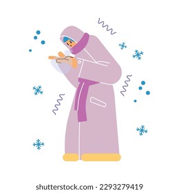 Person in long warm coat warms his hands with his breath, suffers from cold outdoors or in unheated room, flat cartoon vector illustration isolated on white background.