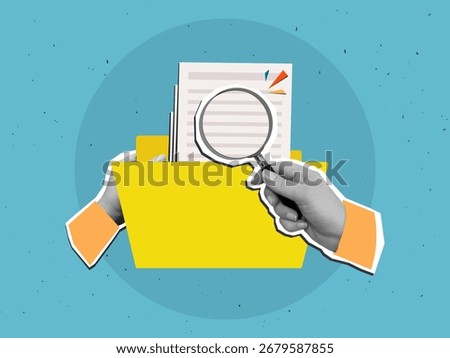 A person look at documents in yellow folder through magnifying glass. Modern collage style. Vector illustration