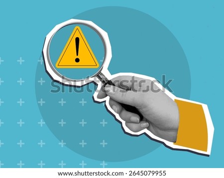 A person look through magnifying glass on a yellow warning sign with Exclamation mark. Modern collage style. Vector illustration