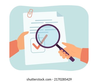 Person looking at approved document through magnifier. Contract with green check mark flat vector illustration. Signature, certificate, permission concept for banner, website design or landing web